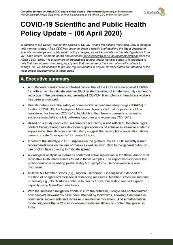 COVID-19 Scientific Public Health Policy Update 06 April 2020