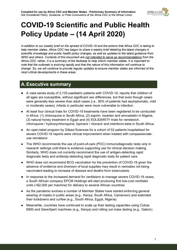 COVID-19 Scientific Public Health Policy Update 14 April 2020